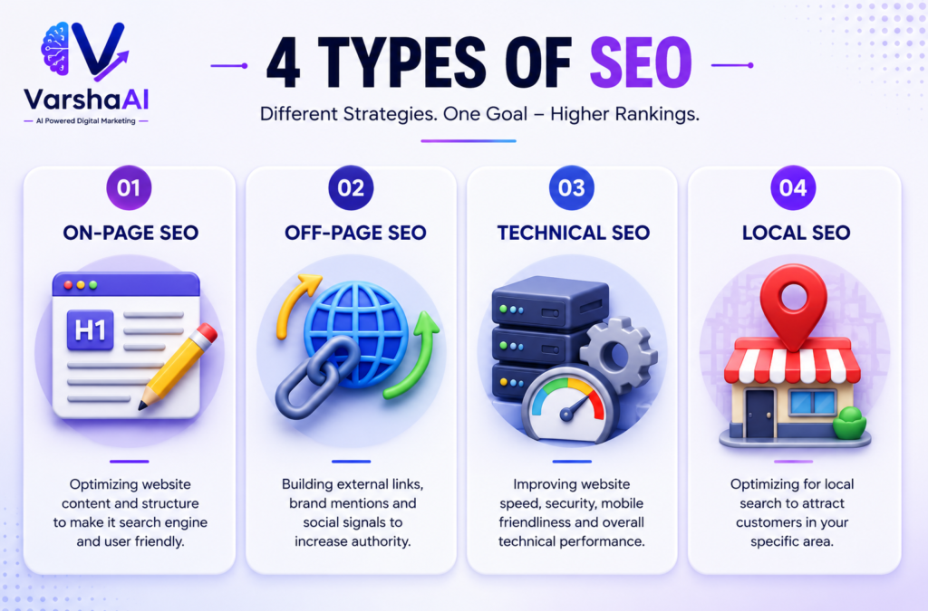4 types of SEO explained — on-page SEO, off-page SEO, technical SEO, and local SEO for beginners